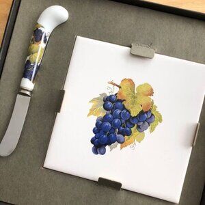 Vintage Cheese Board and Spreader Set Wine Grapes Design